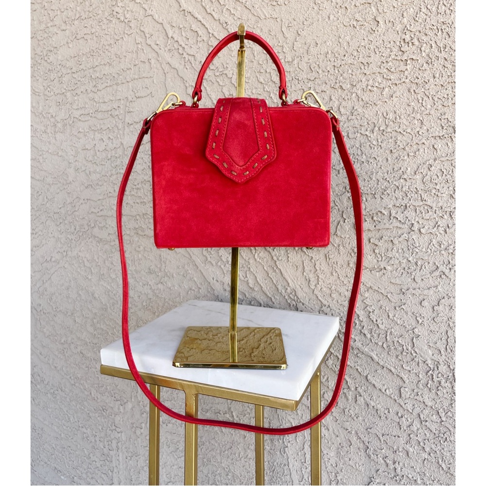 MEHRY MU Red Suede Fey Box Bag Classic Stitched Top Handle Crossbody Bag - Picture 3 of 15